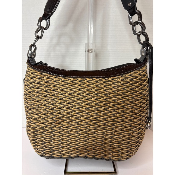 Brighton Handbags - Brighton Woven Straw Hobo Shoulder Bag Brown Croc Leather Trim Silver Chain Trim